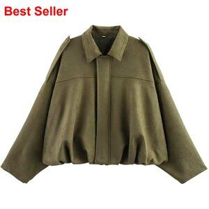 Oversized Faux Suede Bomber Jacket, Lapel Collar, Streetwear Pilot Coat